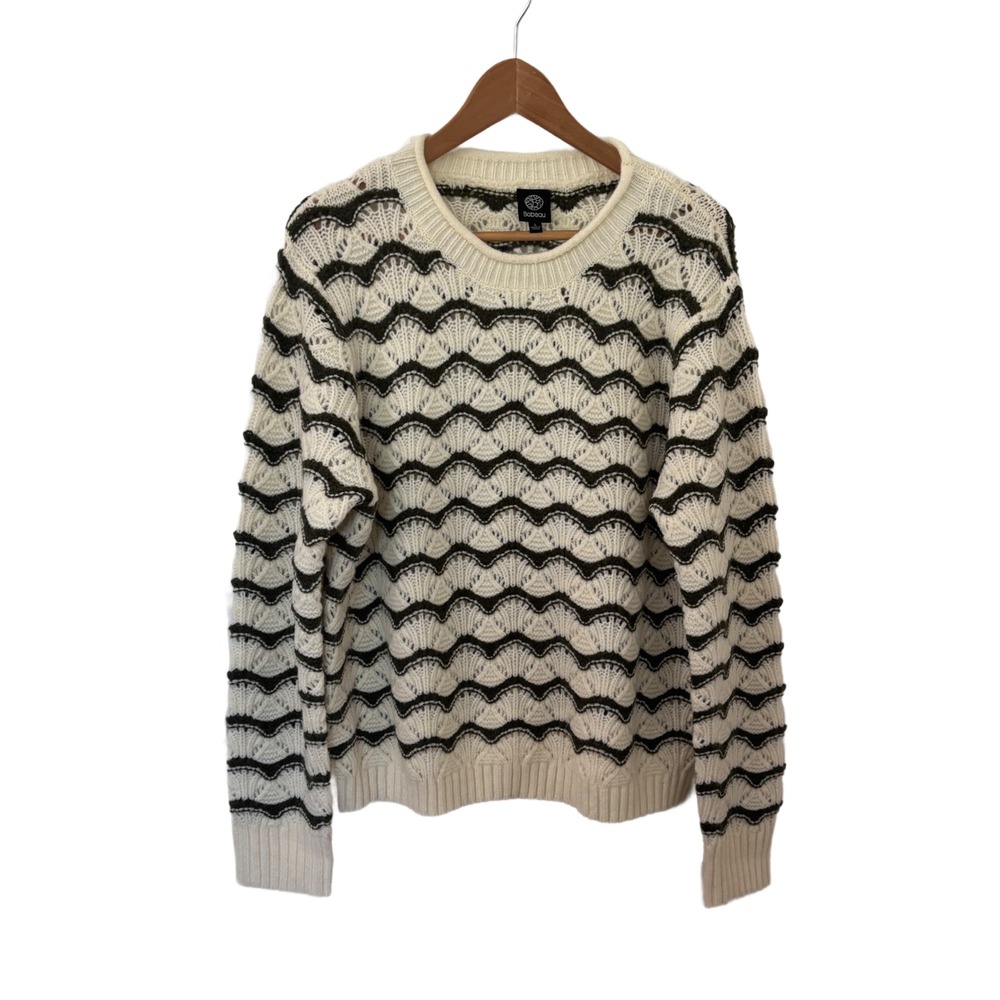 Bobeau Womens Scalloped Stripe Knit Sweater Cream Olive Green Pointelle Large